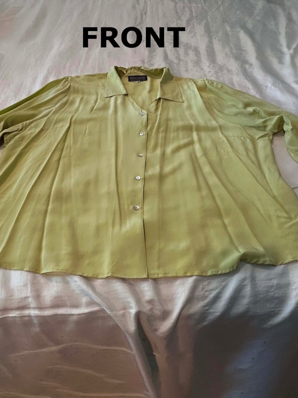 SILK BLOUSE, LIGHT GREEN, SIZE 26, BUTTON FRONT, LONG SLEEVES WITH CUFF SLITS,
